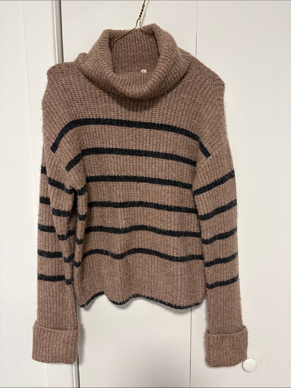 Striped Cowl Neck Sweater in Taupe/Black